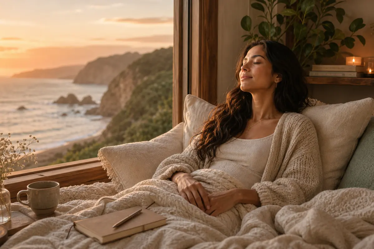 Woman resting with a closed journal beside her, choosing to simply be, warm soft light.