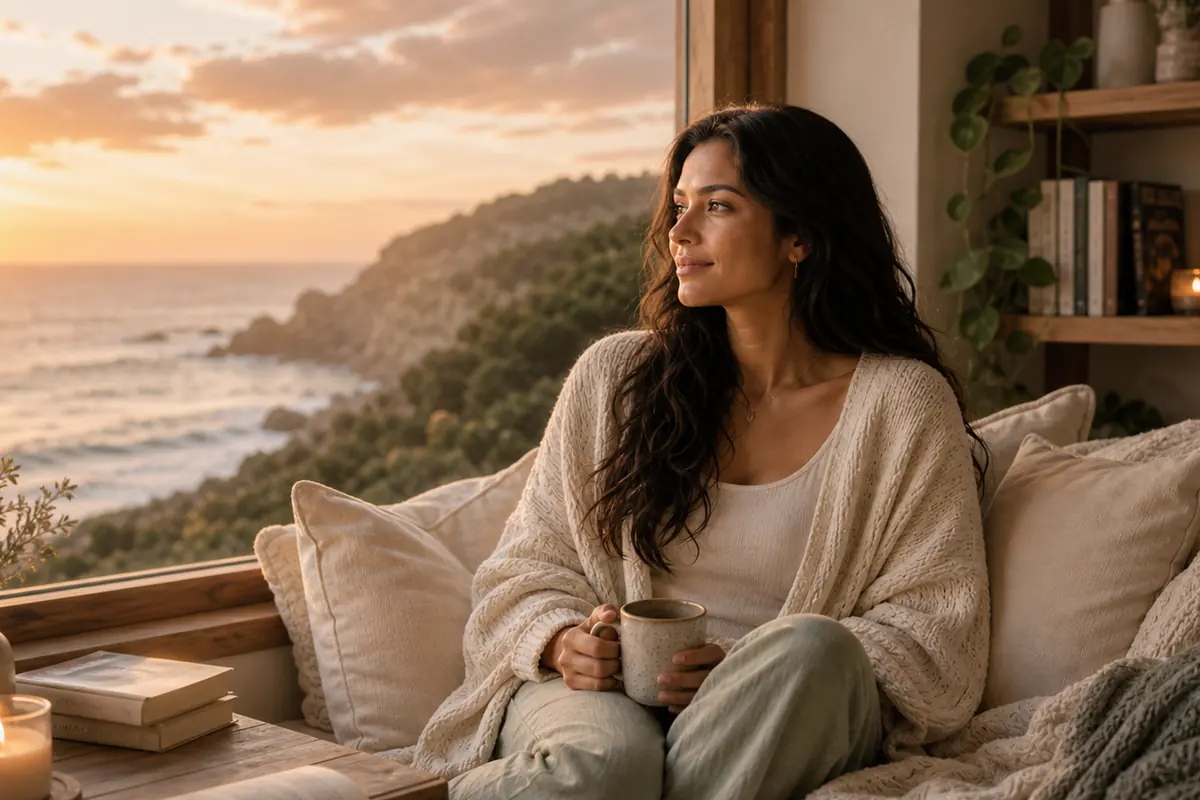 Woman seated calmly outdoors, eyes soft, a sense of gentle distance from the noise.