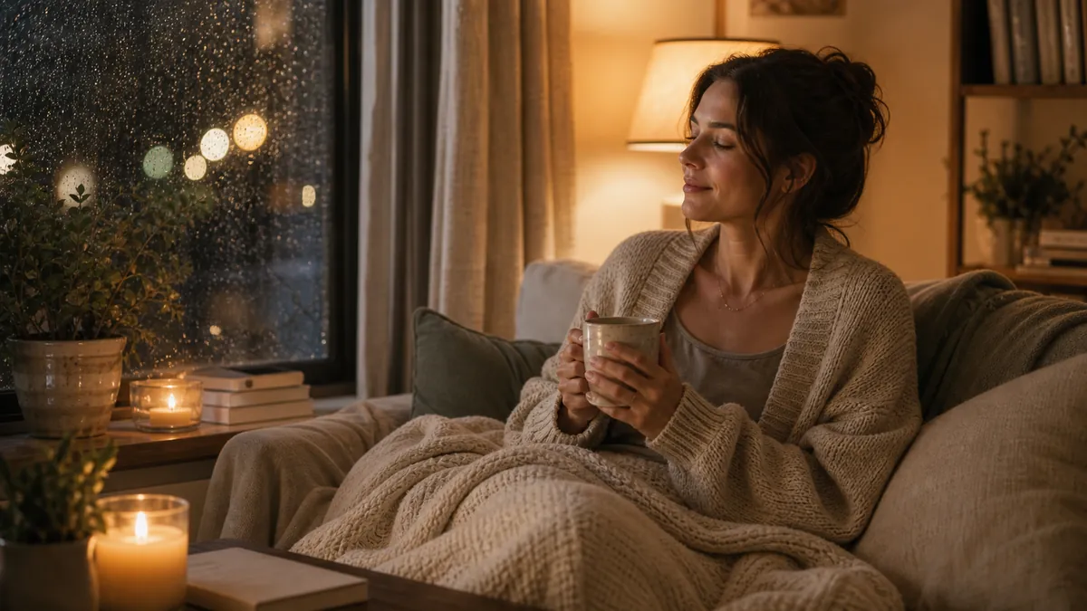 Woman home alone after being out, soft relief on her face, cardigan and blanket, warm lamplight.