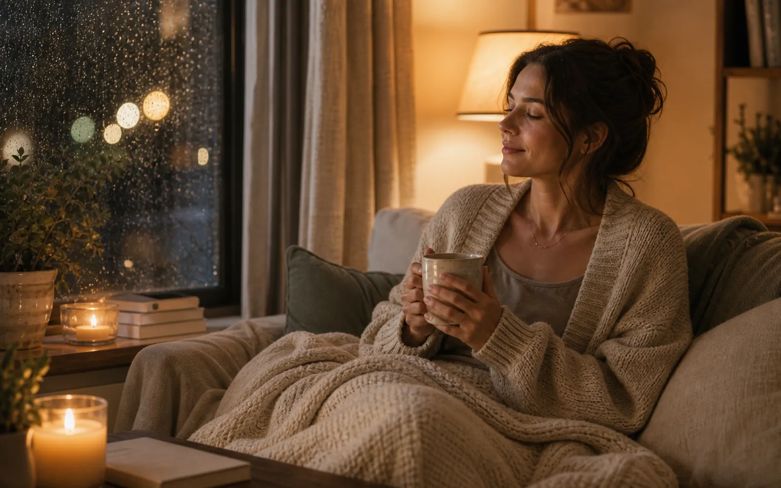 Woman home alone after being out, soft relief on her face, cardigan and blanket, warm lamplight.