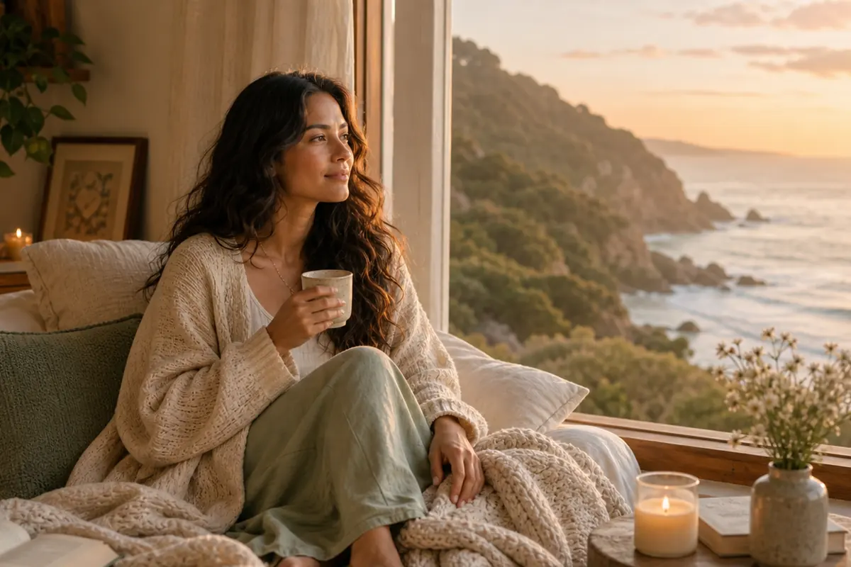 Woman sitting quietly by a window with tea, present and grounded, soft morning light.