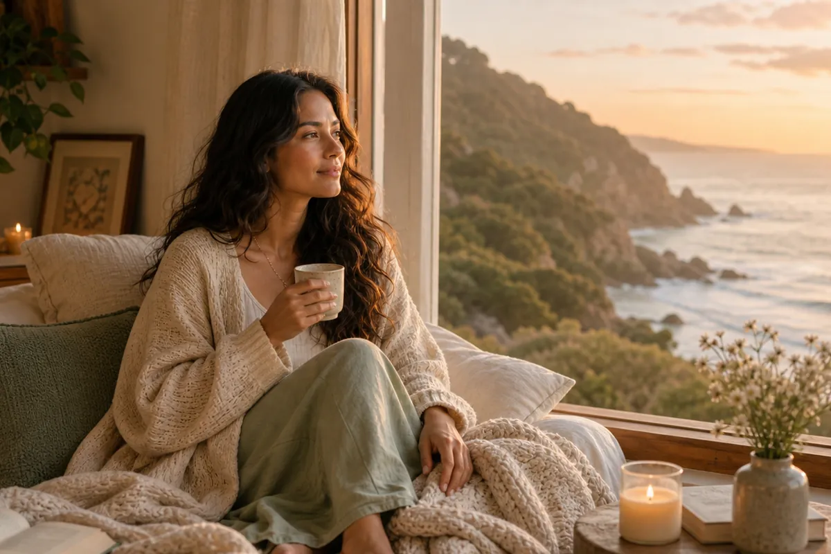 Woman sitting quietly by a window with tea, present and grounded, soft morning light.