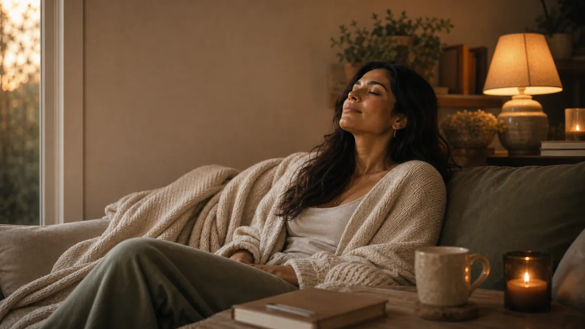 Woman resting her head back on a couch, finally exhaling, soft candlelight.