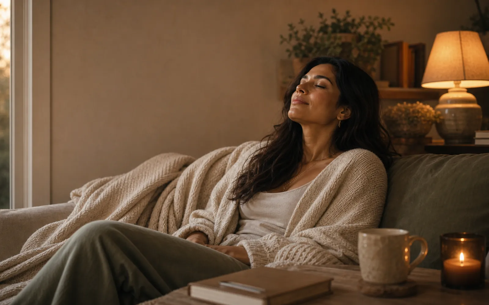 Woman resting her head back on a couch, finally exhaling, soft candlelight.