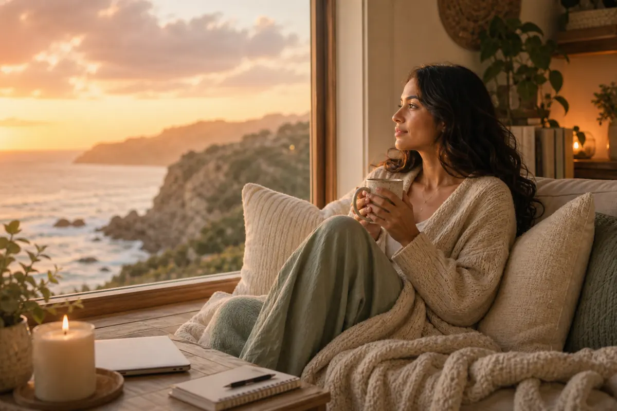 Woman on a couch on a quiet evening, warm lamplight, trying to settle into rest with a soft, wistful expression.