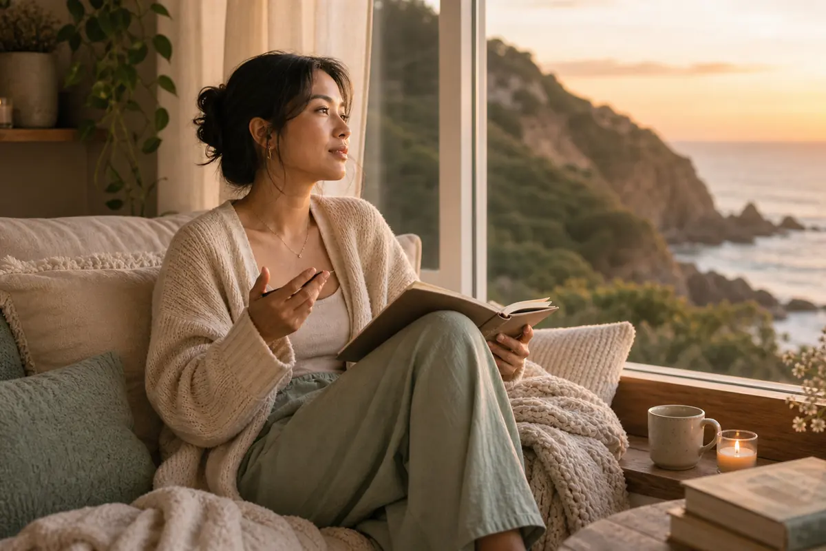 Woman at home in warm window light, speaking softly to herself with a gentle, thoughtful expression.