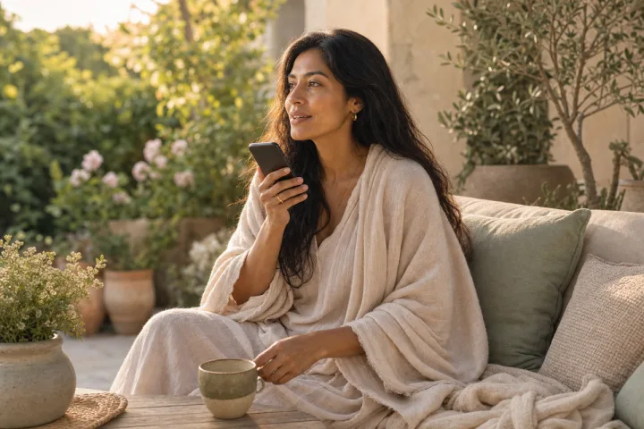 Woman speaking softly outdoors with tea in golden light
