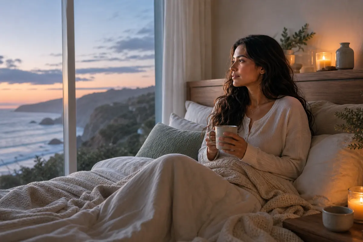 Woman awake in soft lamplight in the early hours, sitting up in bed with a warm mug, calm and unhurried.