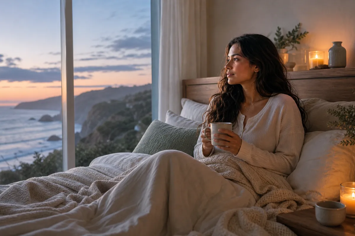 Woman awake in soft lamplight in the early hours, sitting up in bed with a warm mug, calm and unhurried.