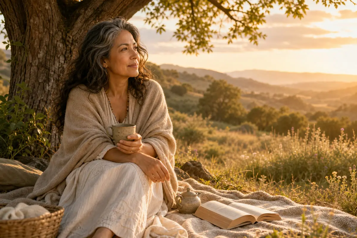 Woman looking out toward warm light with a mix of longing and calm, cozy interior.