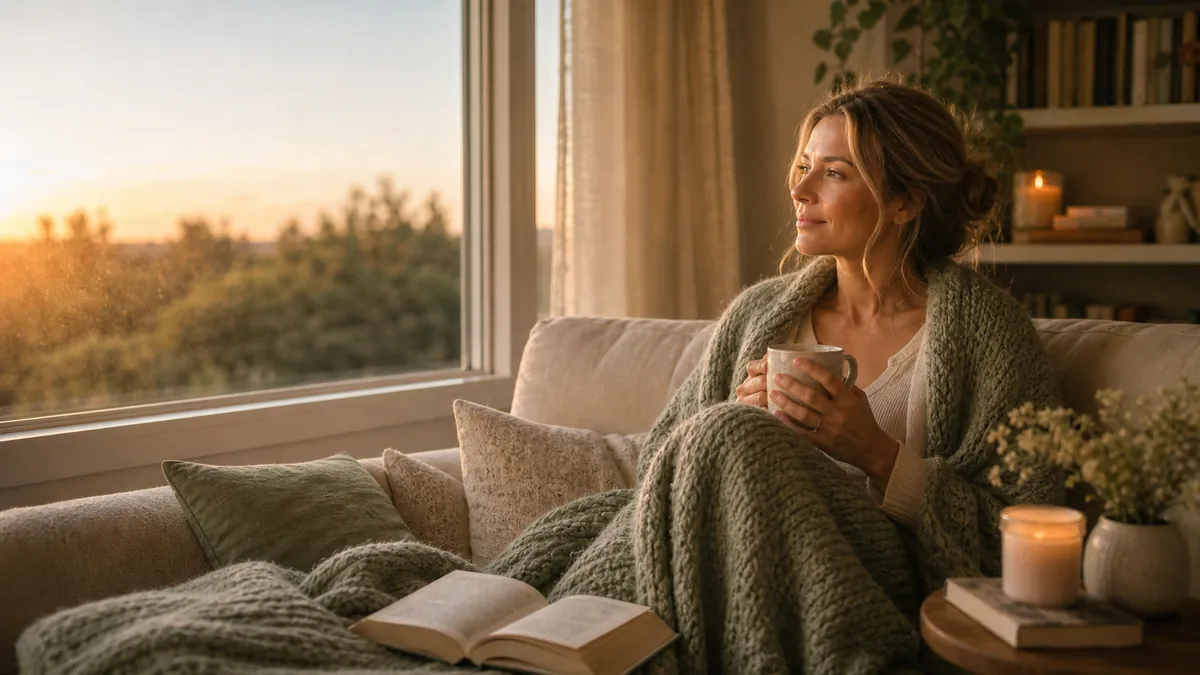 Woman on a sofa under a blanket, gazing out a window as soft worry eases, late-day light.