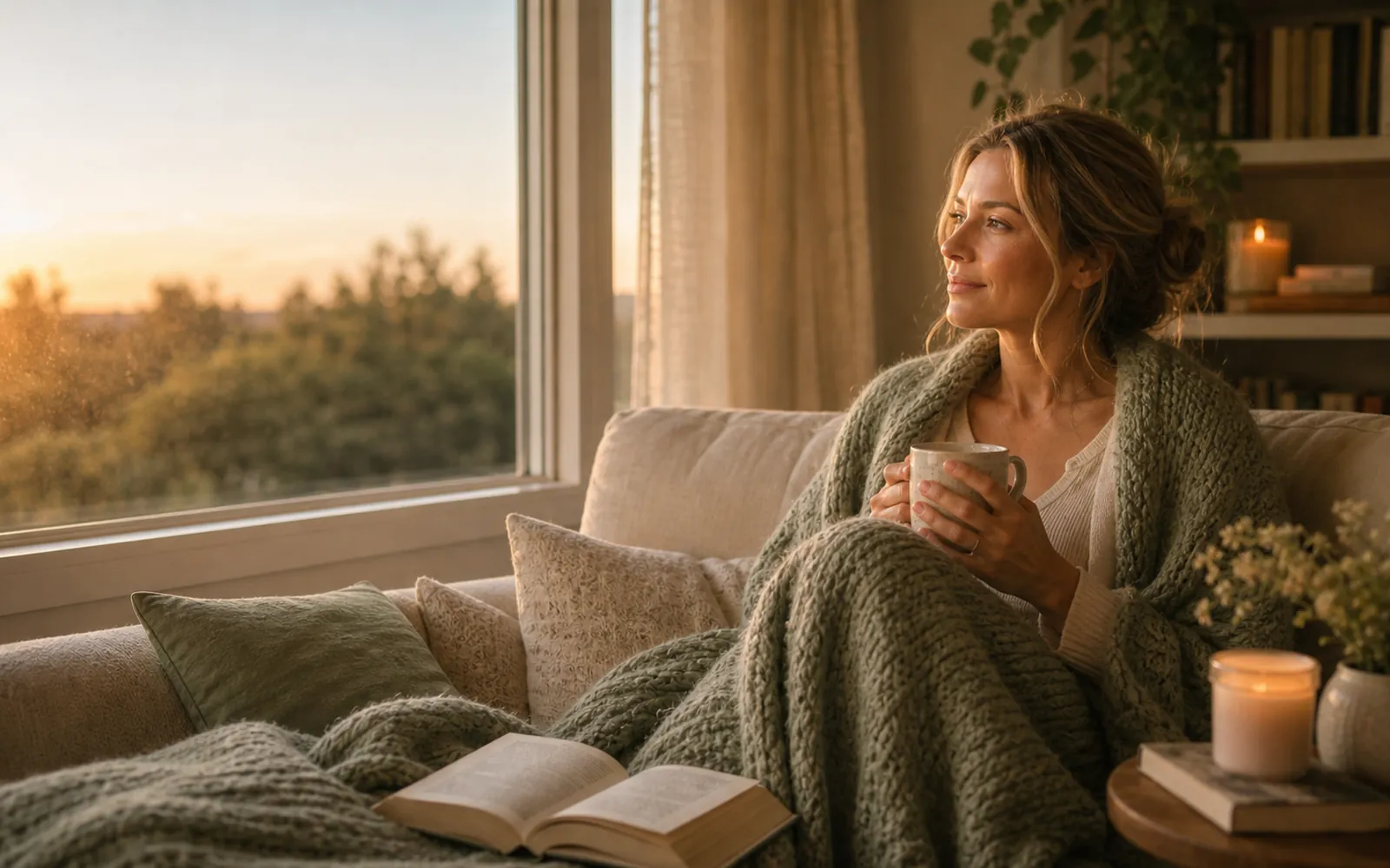 Woman on a sofa under a blanket, gazing out a window as soft worry eases, late-day light.