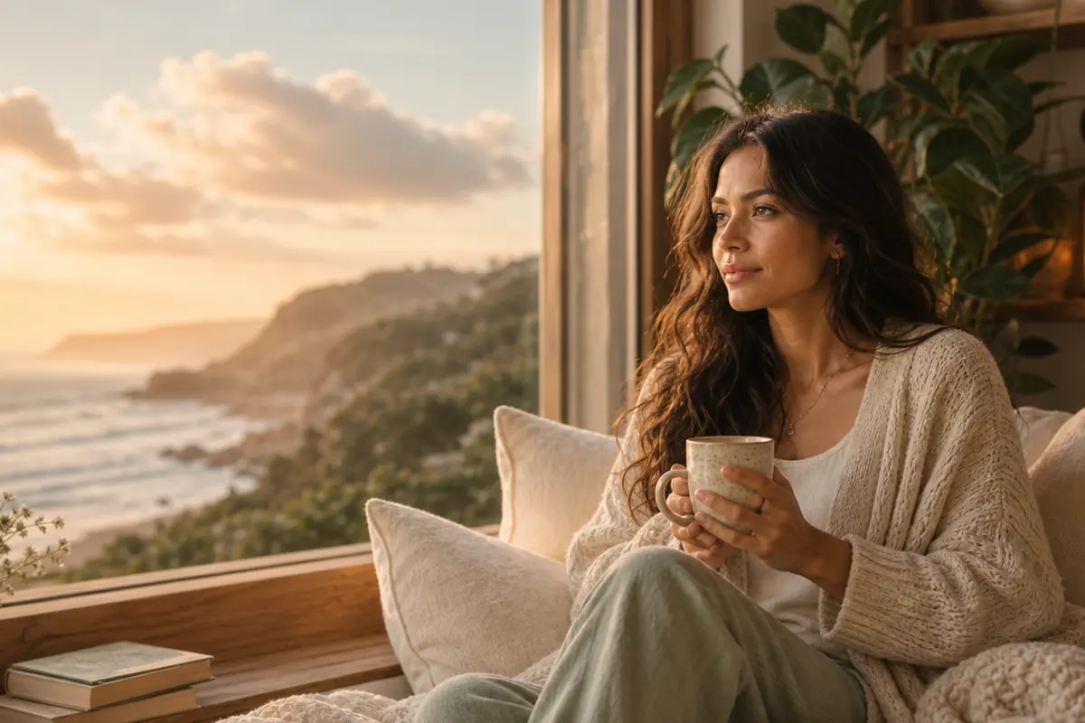 Woman in a calm social setting, soft daylight, looking composed and self-assured rather than put on the spot.