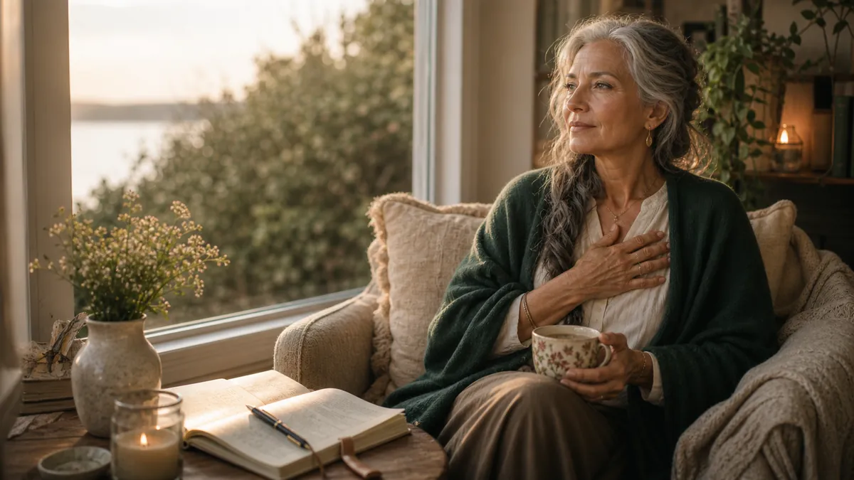 Woman softly self-reflective, hand near her chest, gentle warm light.