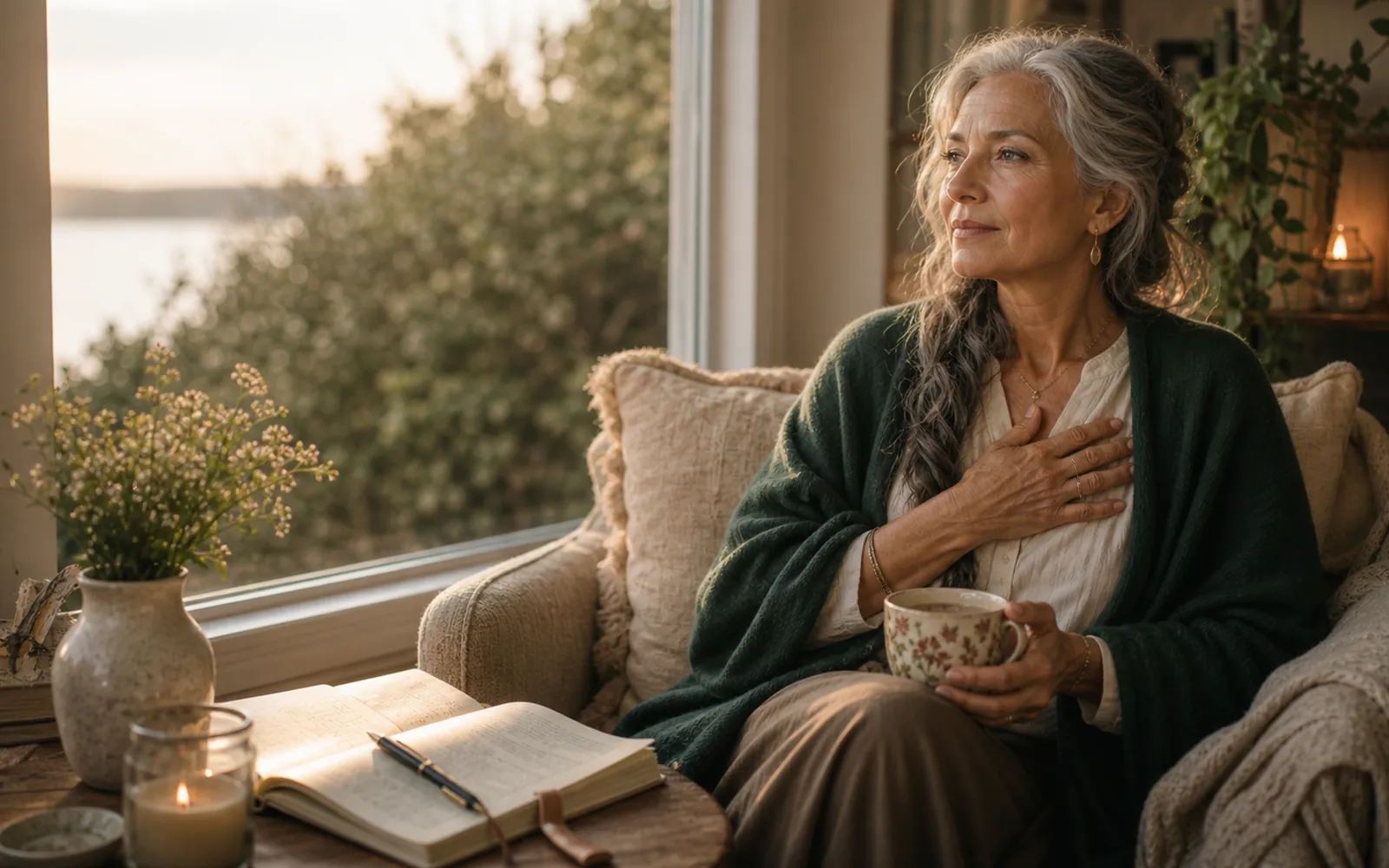 Woman softly self-reflective, hand near her chest, gentle warm light.