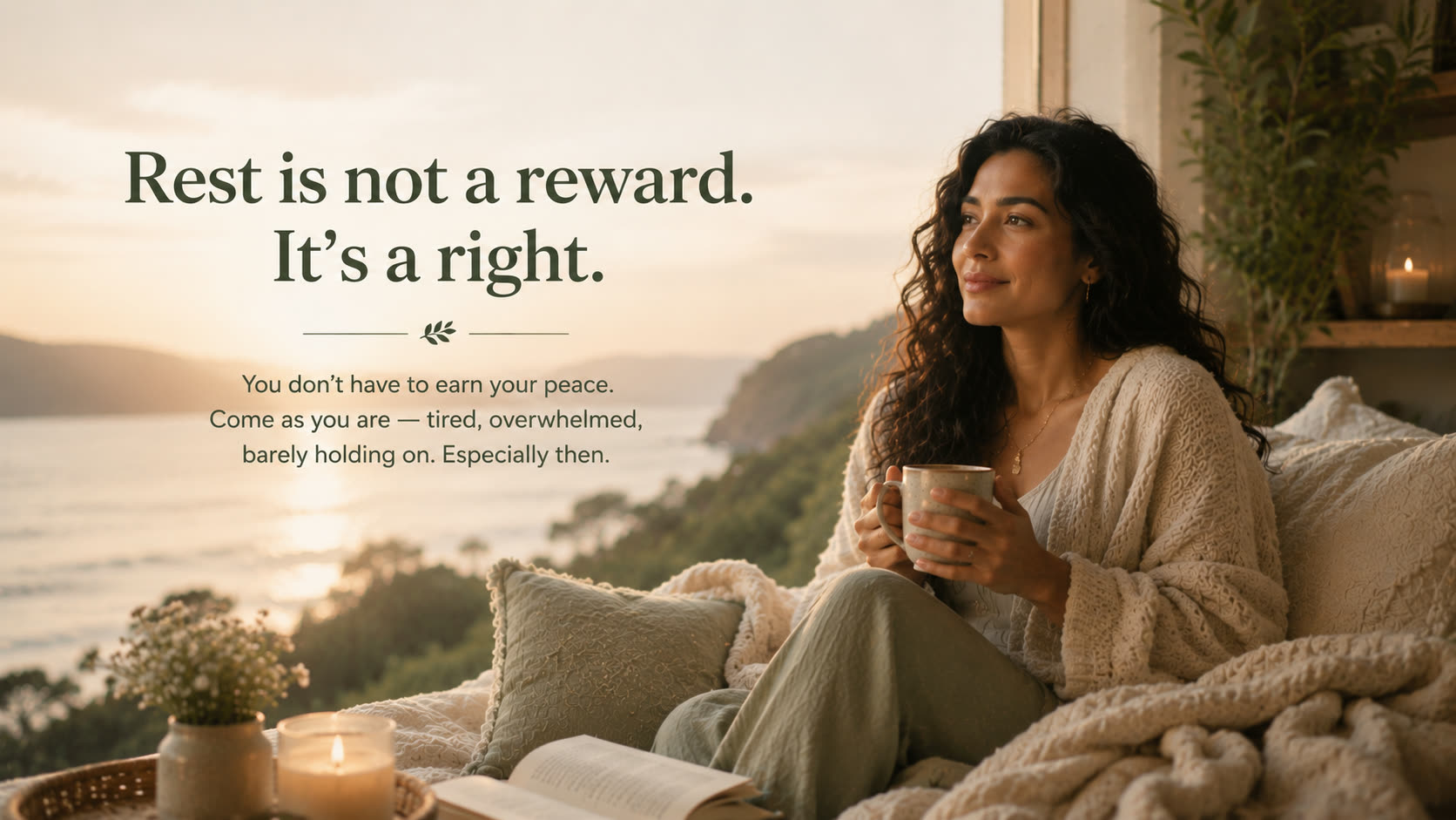 Rest is not a reward. It's a right. You don't have to earn your peace. Come as you are — tired, overwhelmed, barely holding on. Especially then.