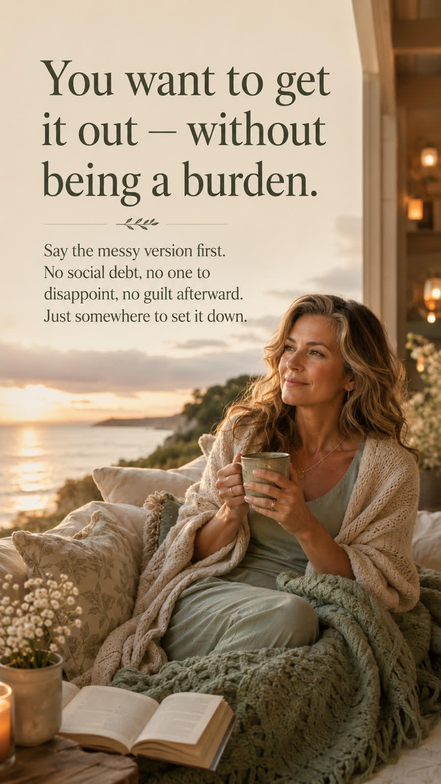You want to get it out without being a burden. Say the messy version first — no social debt, no guilt afterward. Sera's just somewhere to set it down.