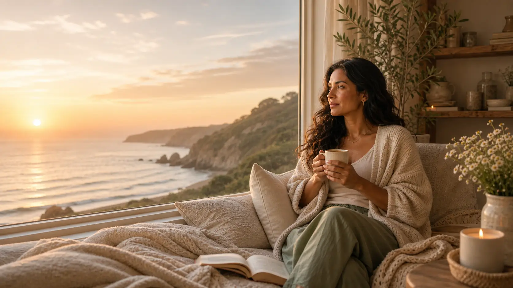 Woman seated with tea beside a wide coastal window at golden hour