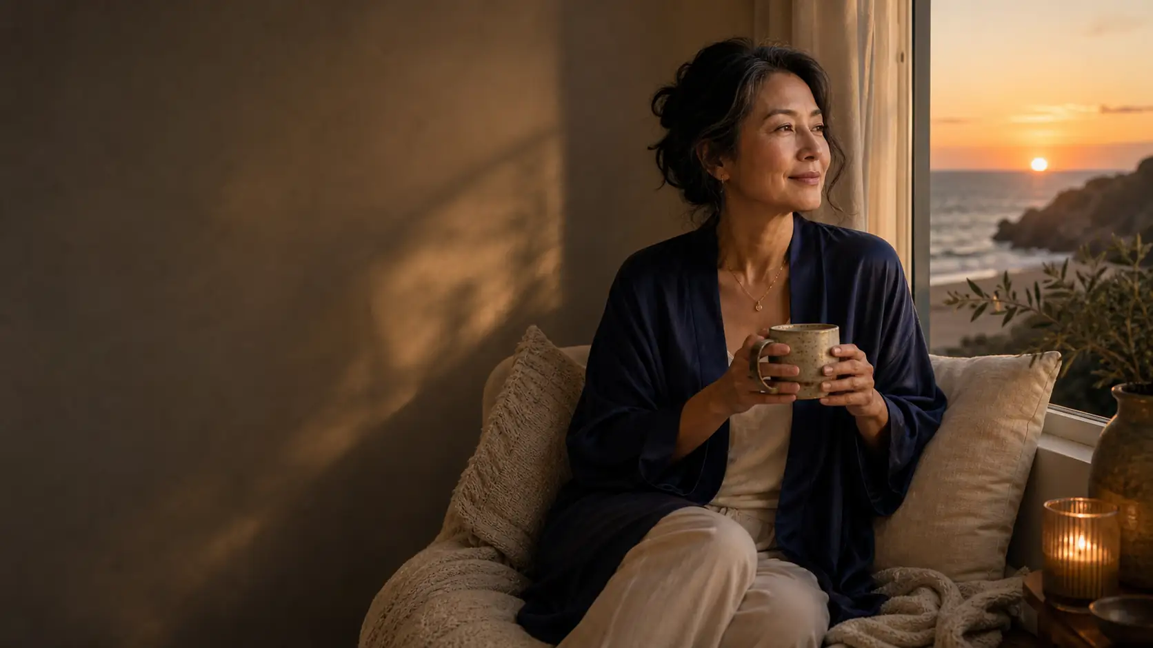 Woman in a navy robe holding tea in a softly shadowed coastal room